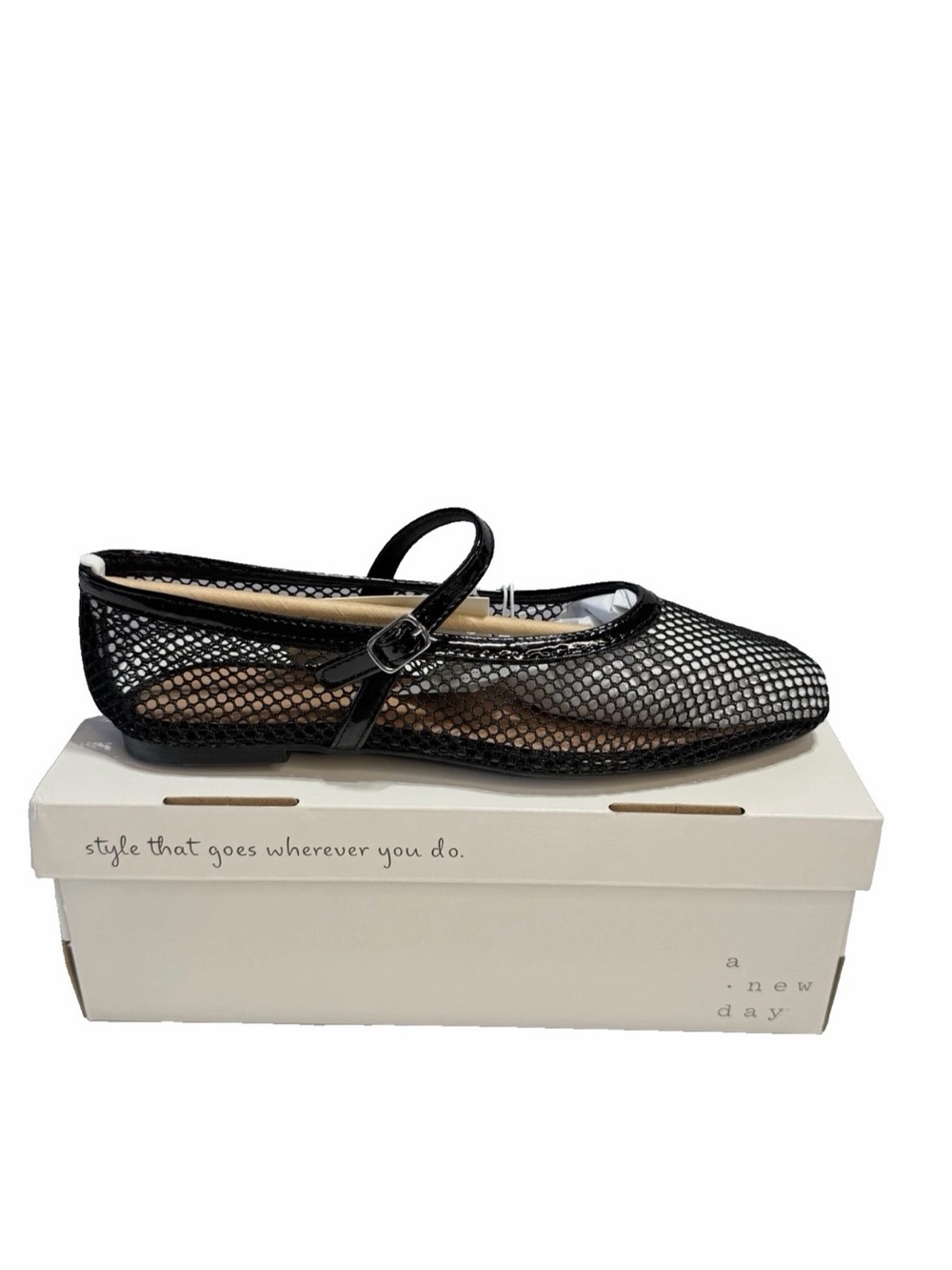 A New Day ISSA Jet Black Mesh Flats Memory Foam Women's Shoes, Size 8 NEW W/ BOX